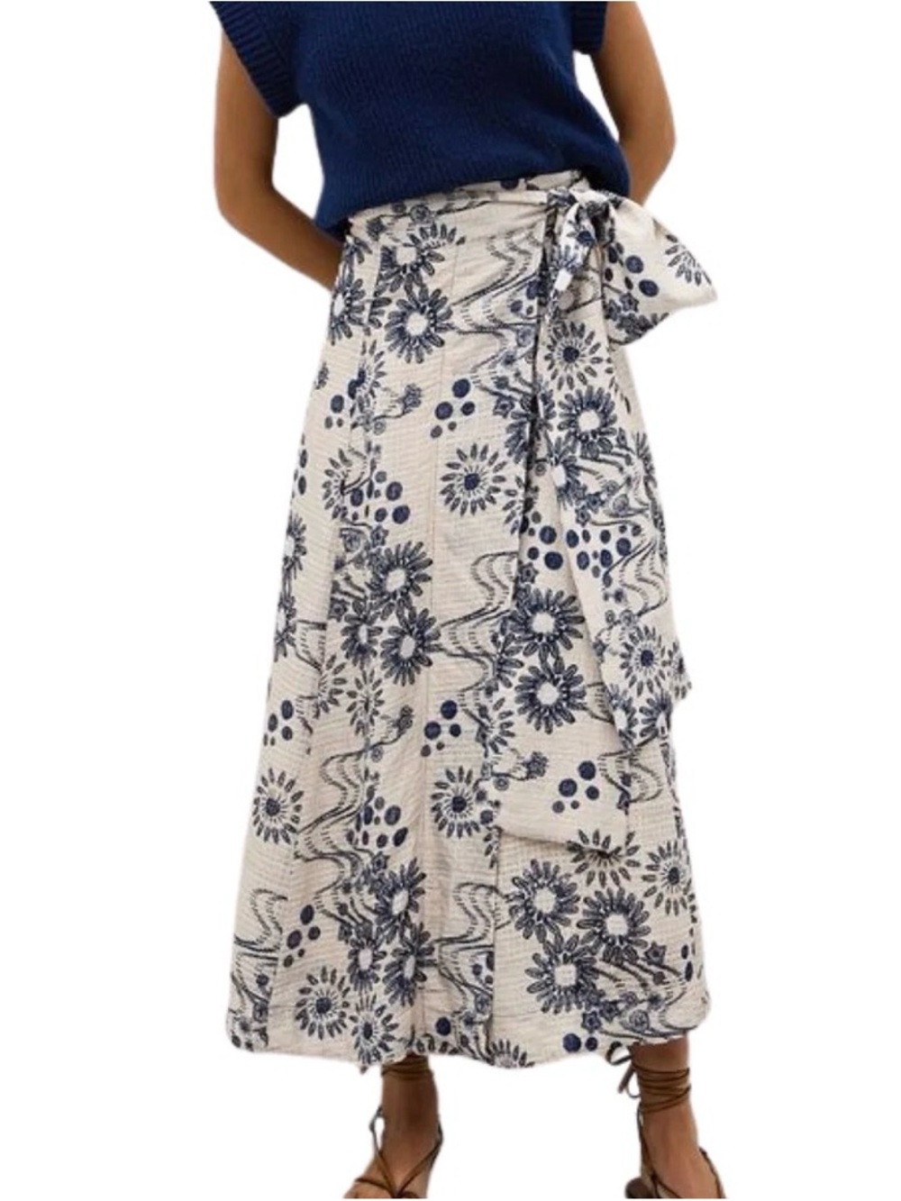 Marie Oliver Estine Wrap Skirt Size Small Midi Ivory Blue Floral Linen Blend